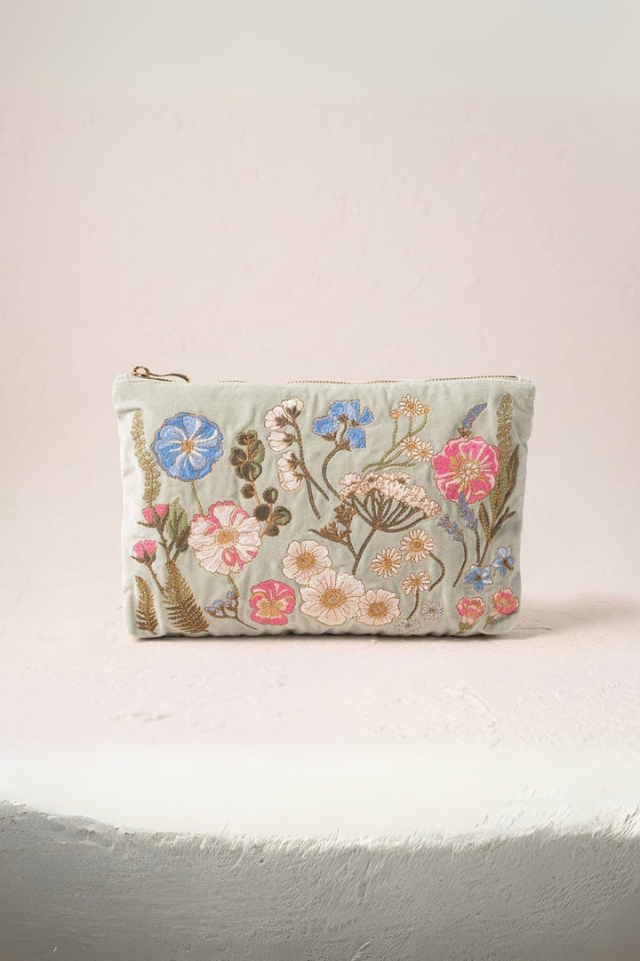Elizabeth Scarlett Sage Velvet Pressed Flowers Everyday Pouch