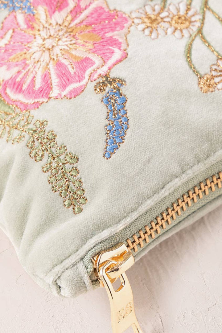 Elizabeth Scarlett Sage Velvet Pressed Flowers Everyday Pouch