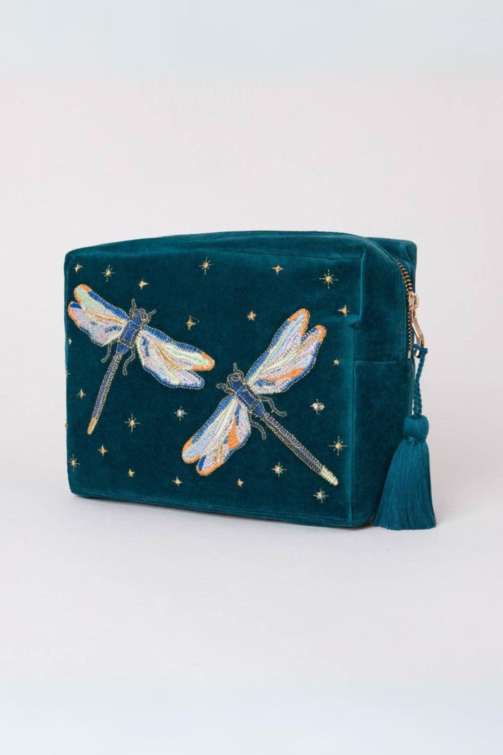 Elizabeth Scarlett Teal Dragonfly Velvet Wash Bag