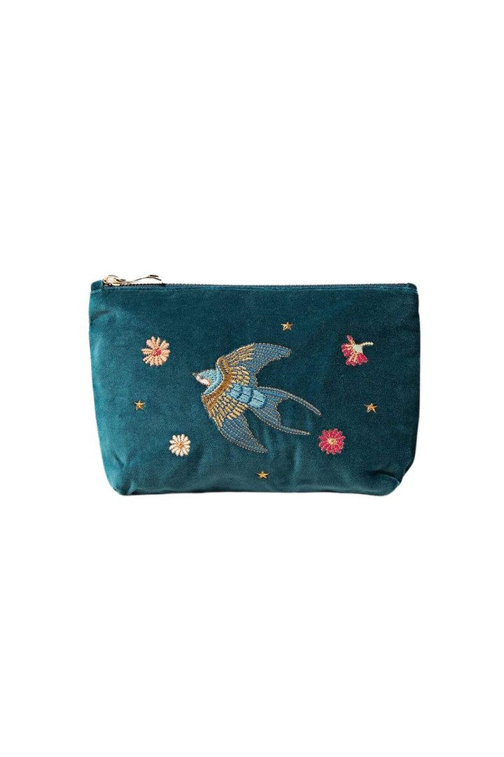 Elizabeth Scarlett Teal Swallows Velvet Mini Pouch