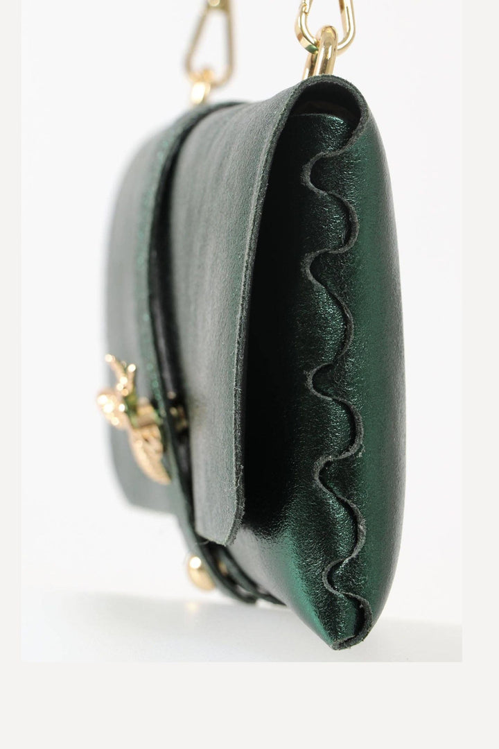 Emerald Green Bee Emblem Leather Clutch Bag with Gold Chain