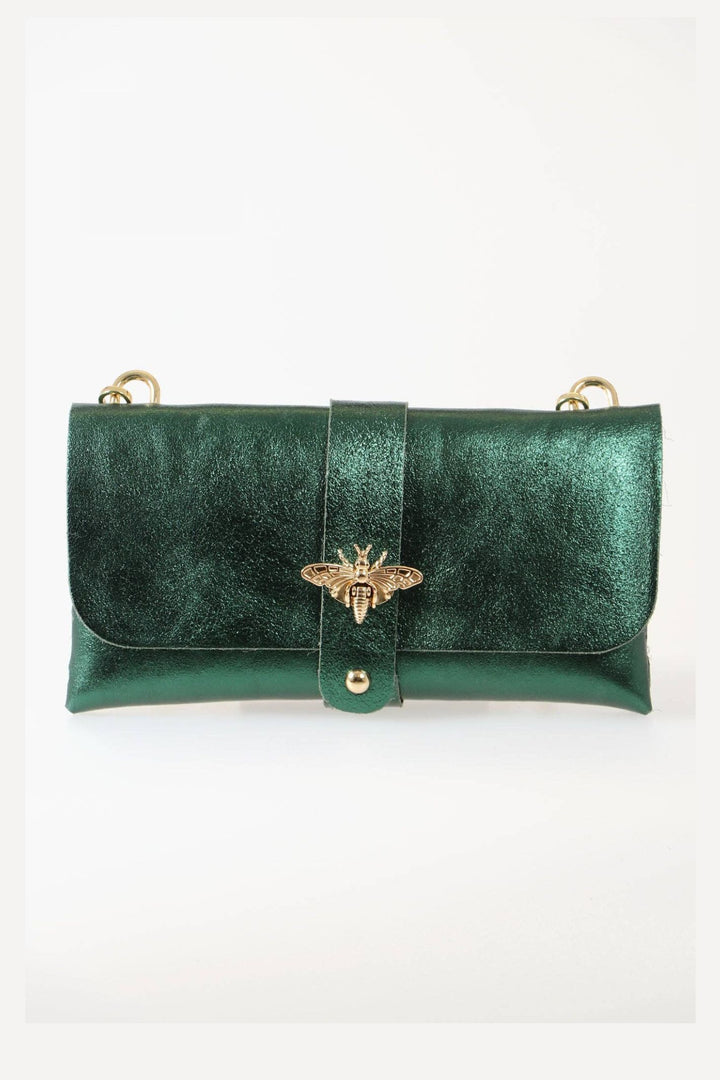 Emerald Green Bee Emblem Leather Clutch Bag with Gold Chain