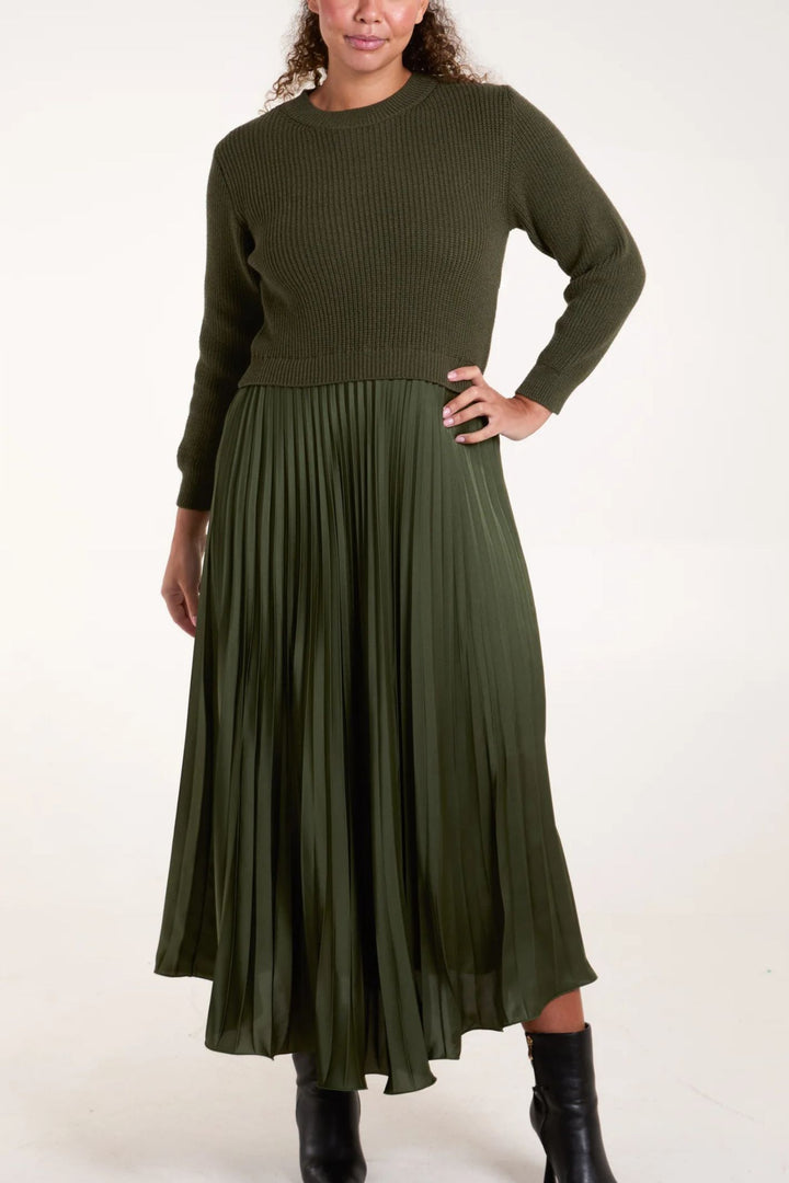 Faux Jumper Dress Khaki Green Pleated Skirt