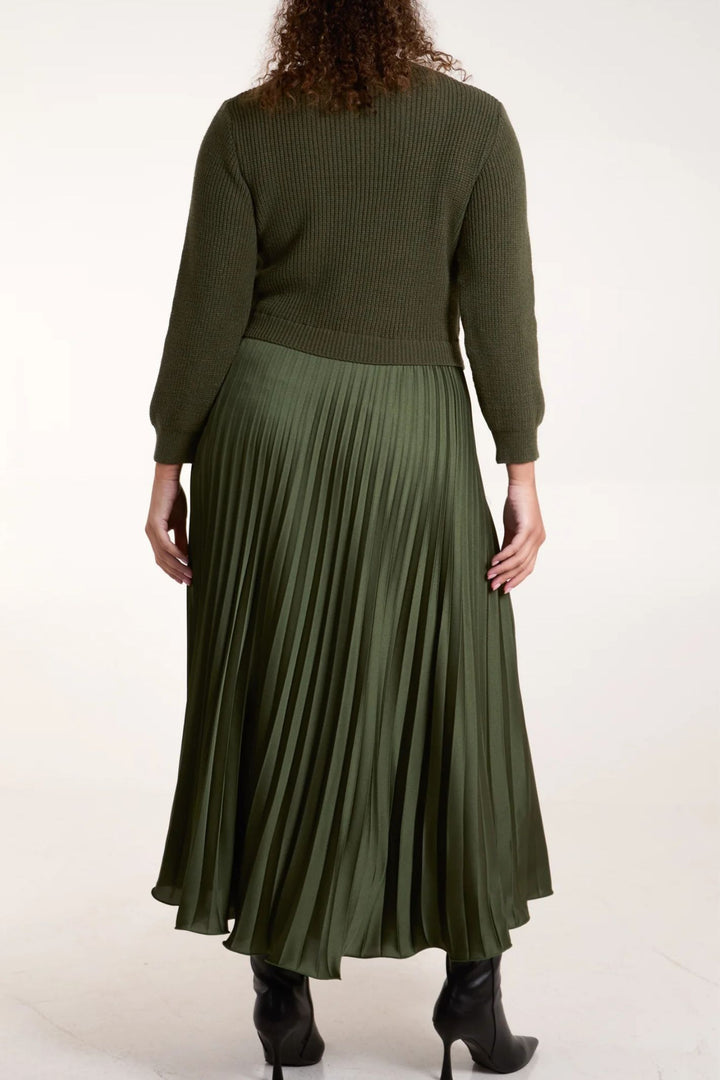 Faux Jumper Dress Khaki Green Pleated Skirt