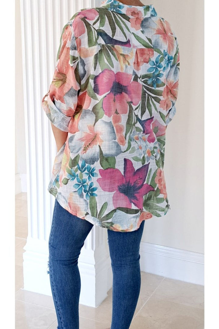 Floral Lightweight Cotton Grandad Collar Blouse