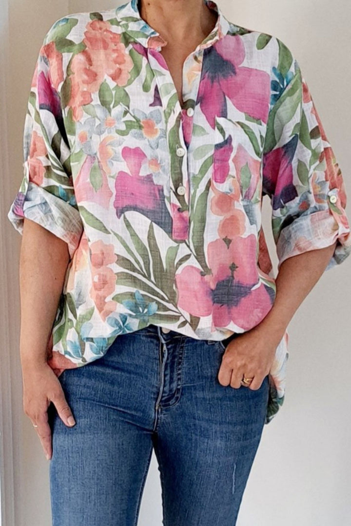 Floral Lightweight Cotton Grandad Collar Blouse