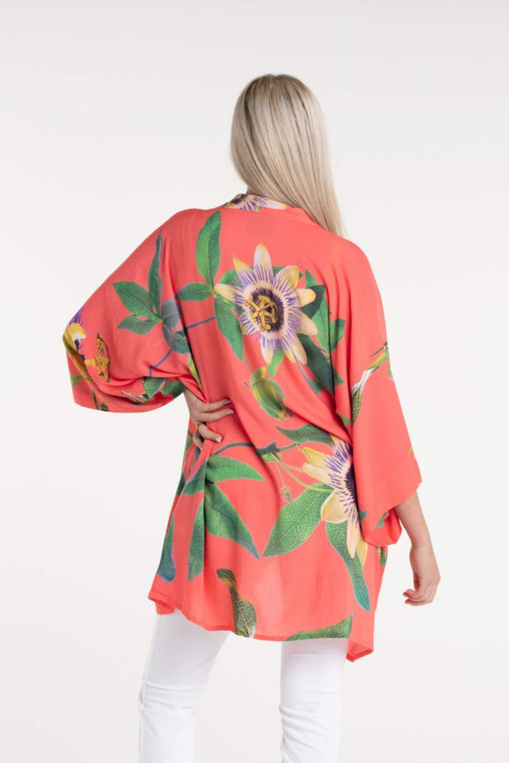 From My Mother's Garden Coral Passionflower Midi Kimono