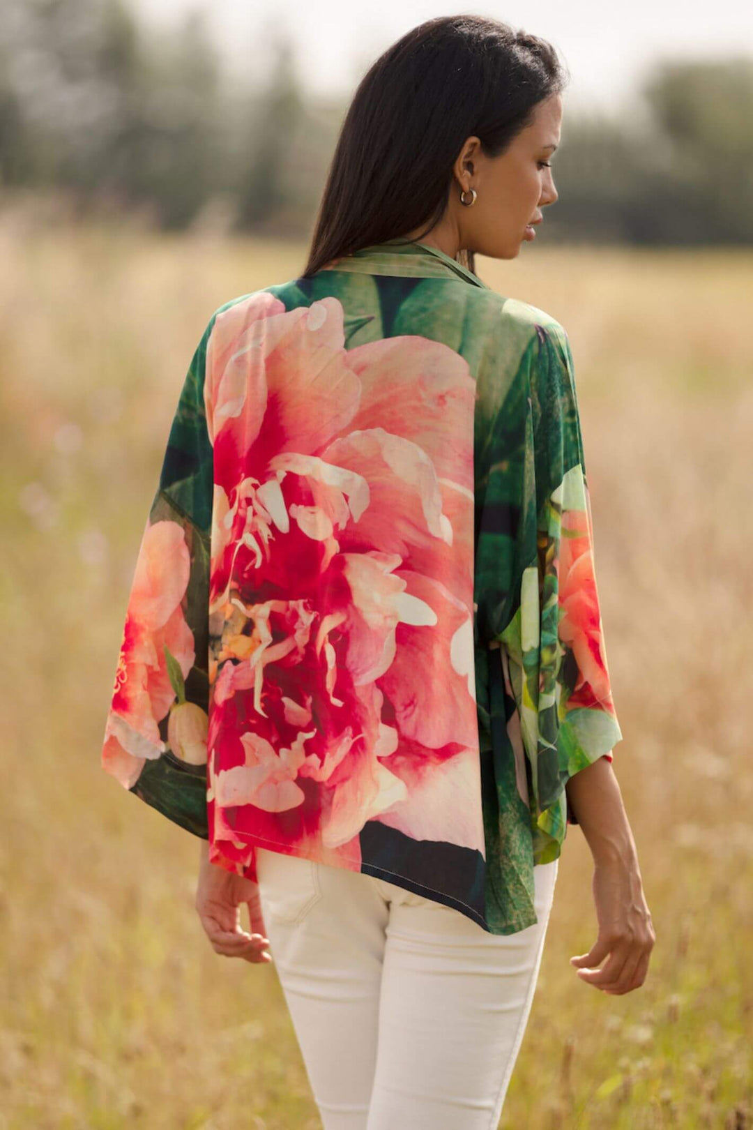 From My Mother's Garden Coral Peony Short Kimono