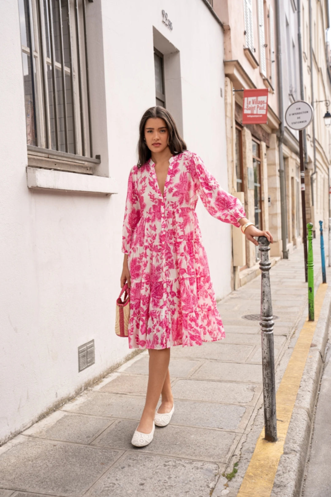 Fuchsia Pink Floral Print Midi Shirt Dress