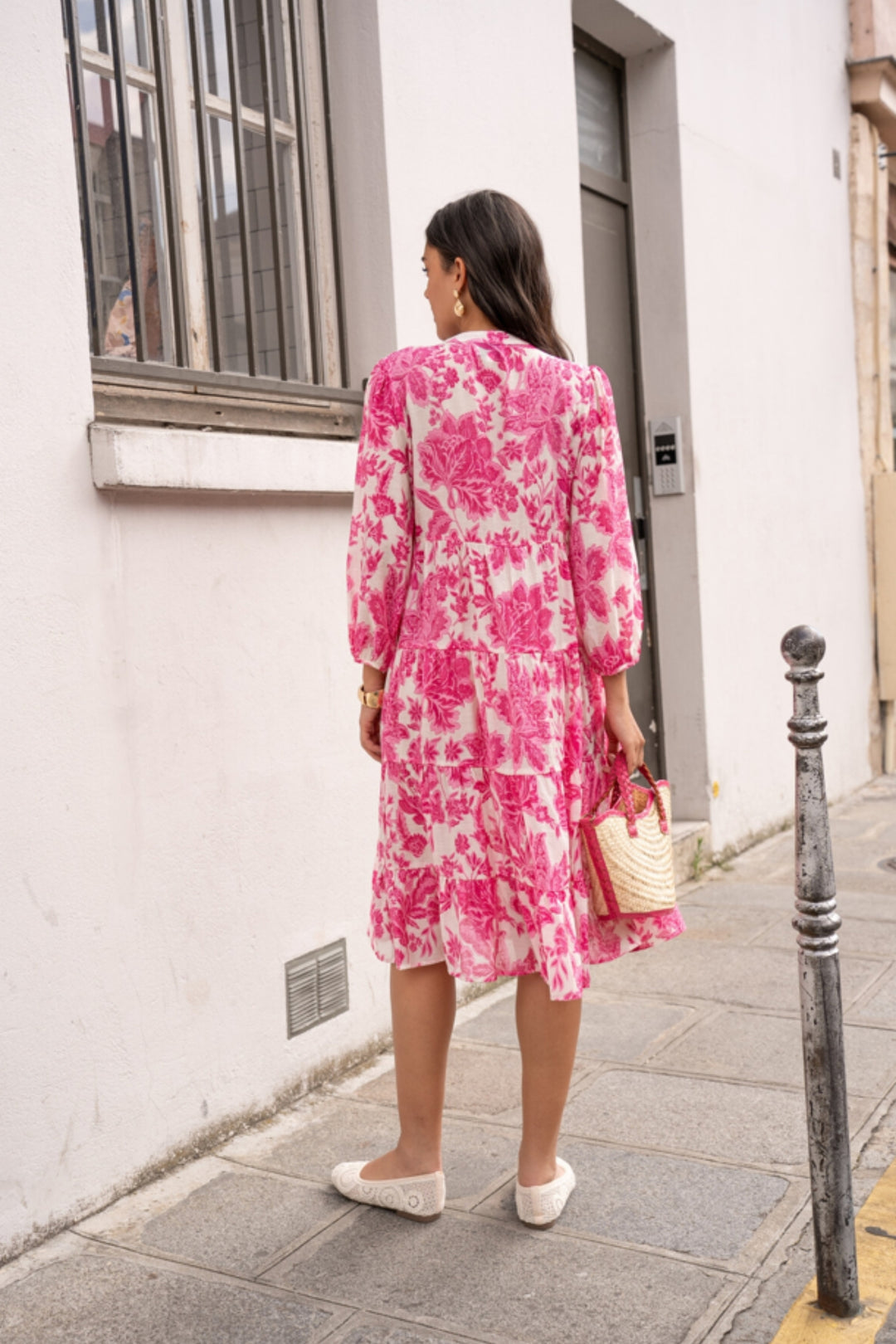 Fuchsia Pink Floral Print Midi Shirt Dress