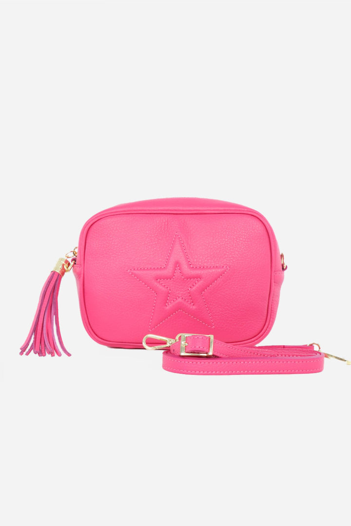 Fuchsia Raised Star Leather Crossbody Camera Bag