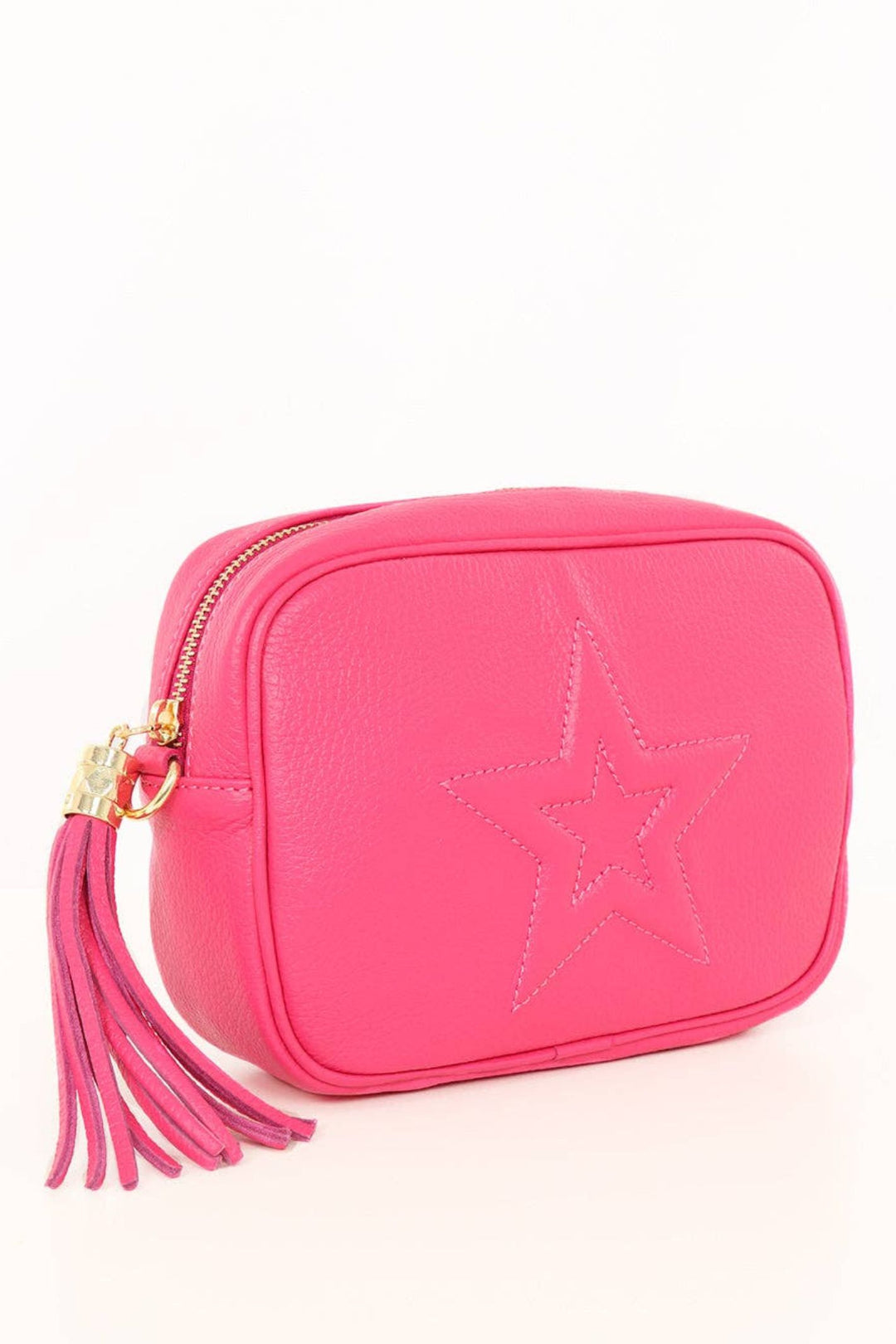 Fuchsia Raised Star Leather Crossbody Camera Bag