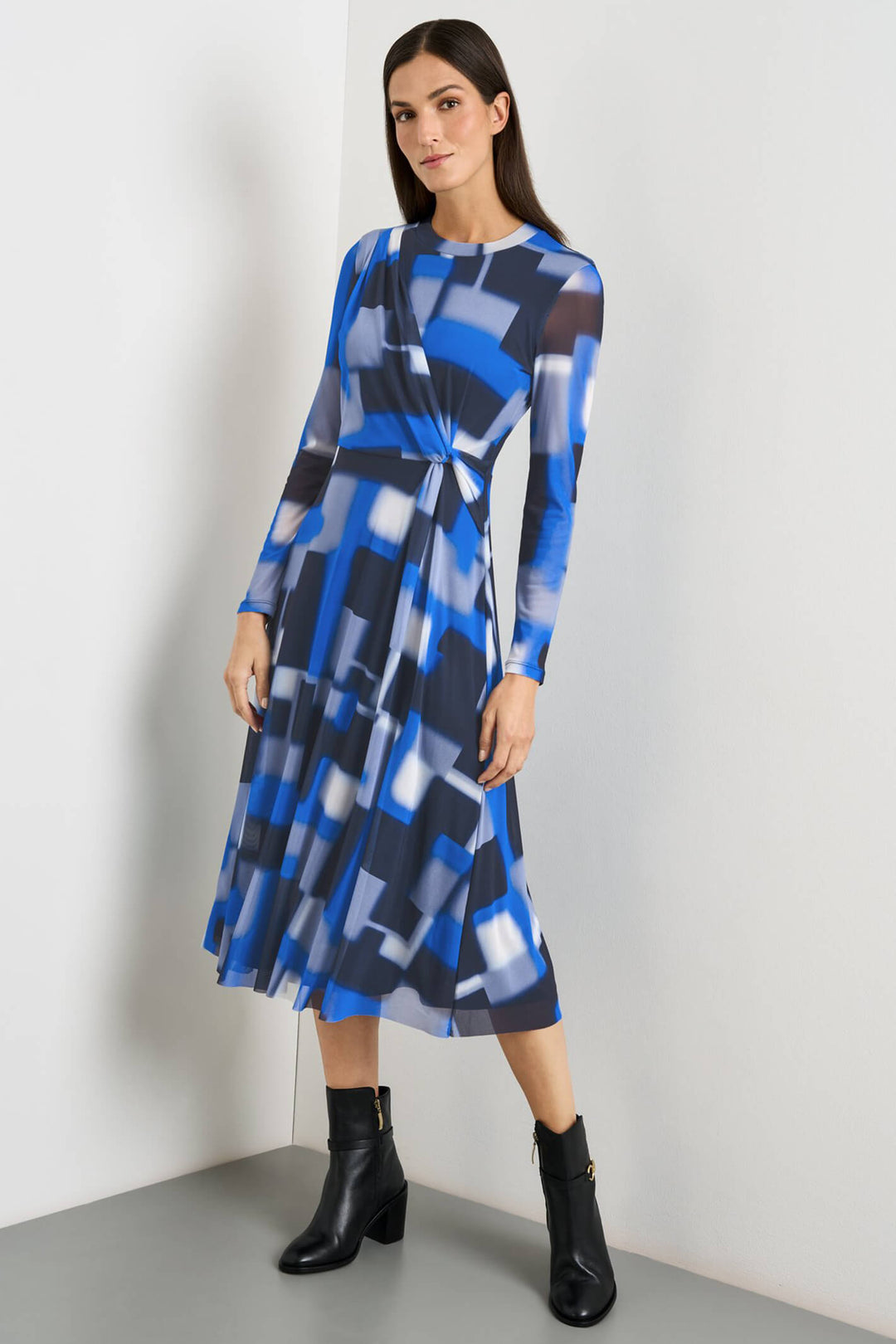 Gerry Weber 280026 Royal Blue Block Print Mesh Midi Dress - Experience Boutique