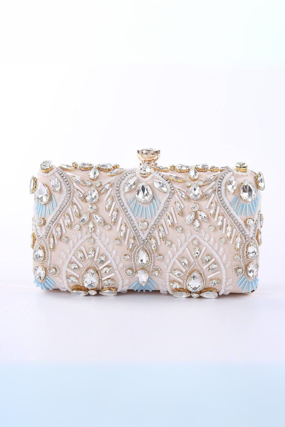 Gold Crystal Embellished Satin Clutch Bag