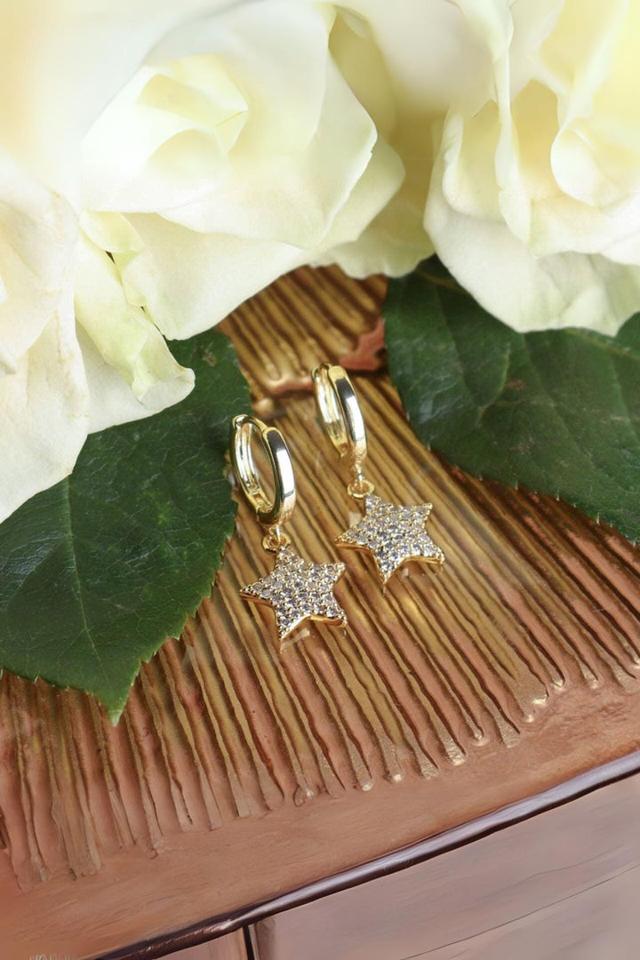 Gold Diamante Star Drop Huggie Earrings