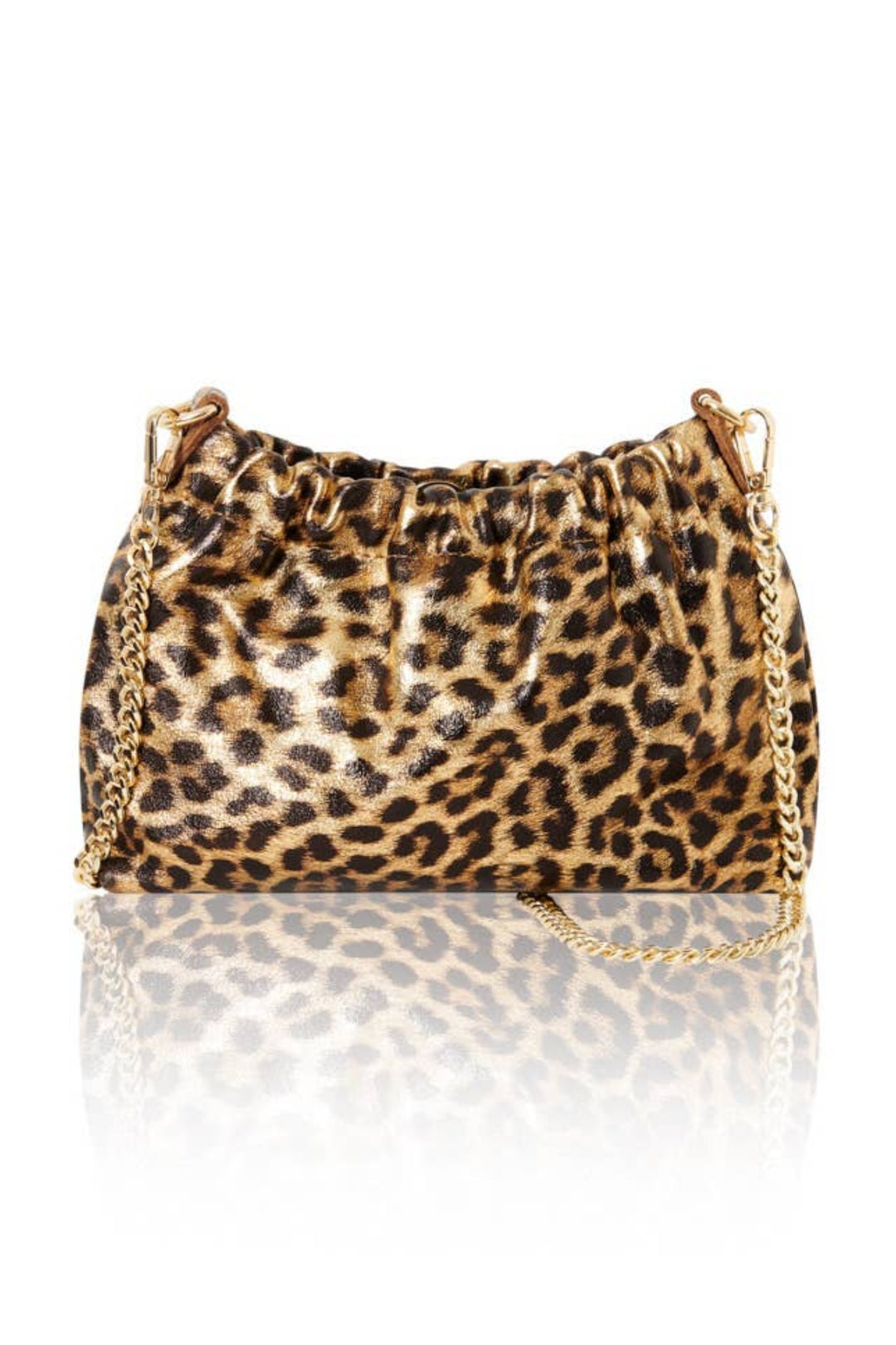 Gold Metallic Leopard Print Leather Crossbody Clutch Bag