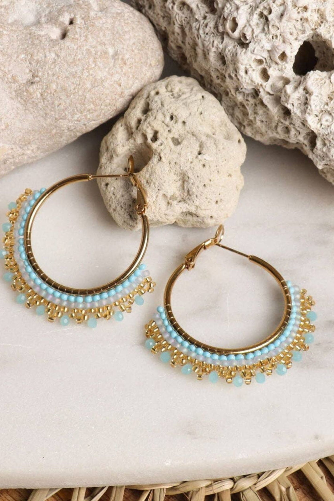 Gold Plated Blue Hand Beaded Hoop Earrings