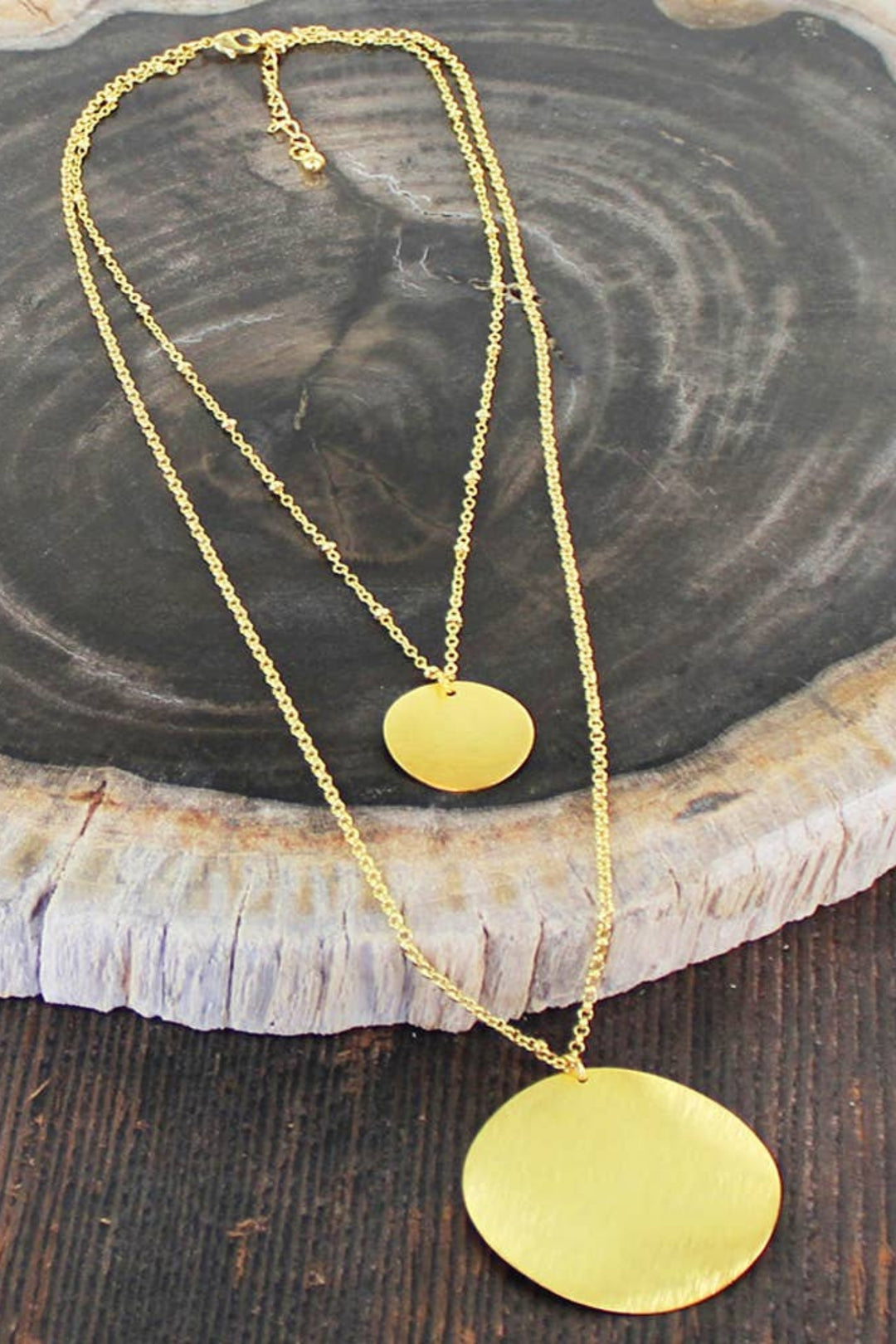 Gold Plated Brushed Disc Double Strand Necklace