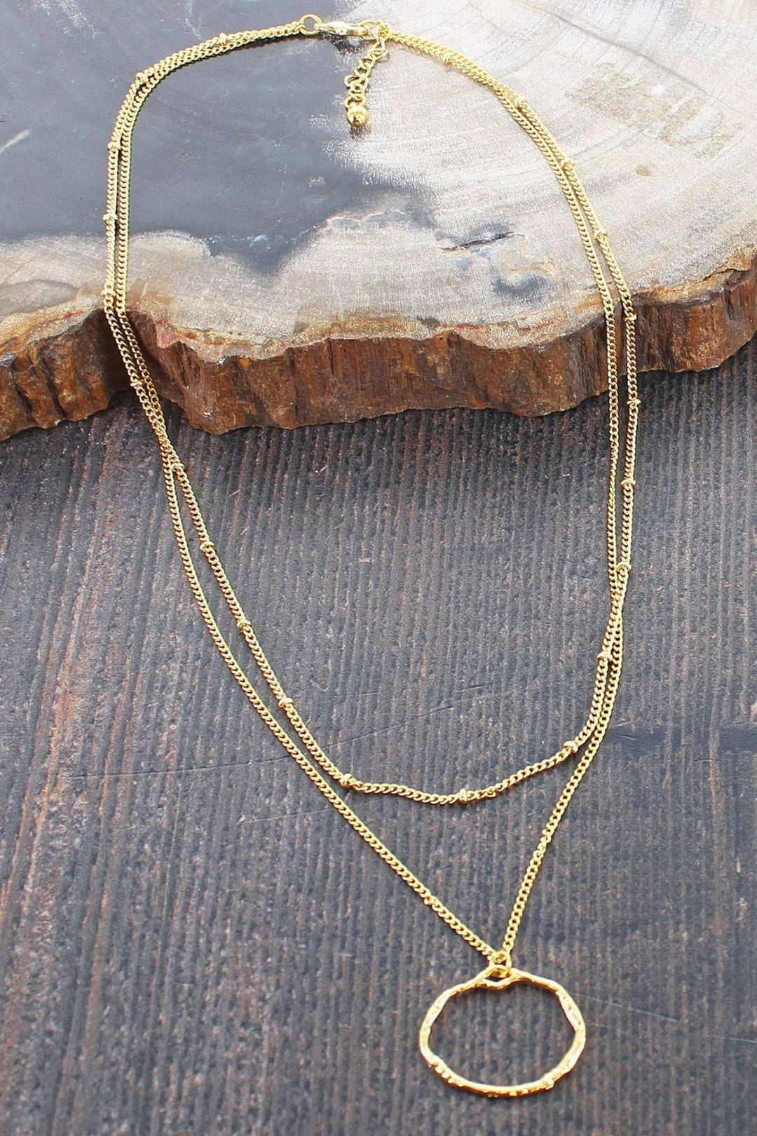 Gold Plated Hammered Circle Double Layered Necklace