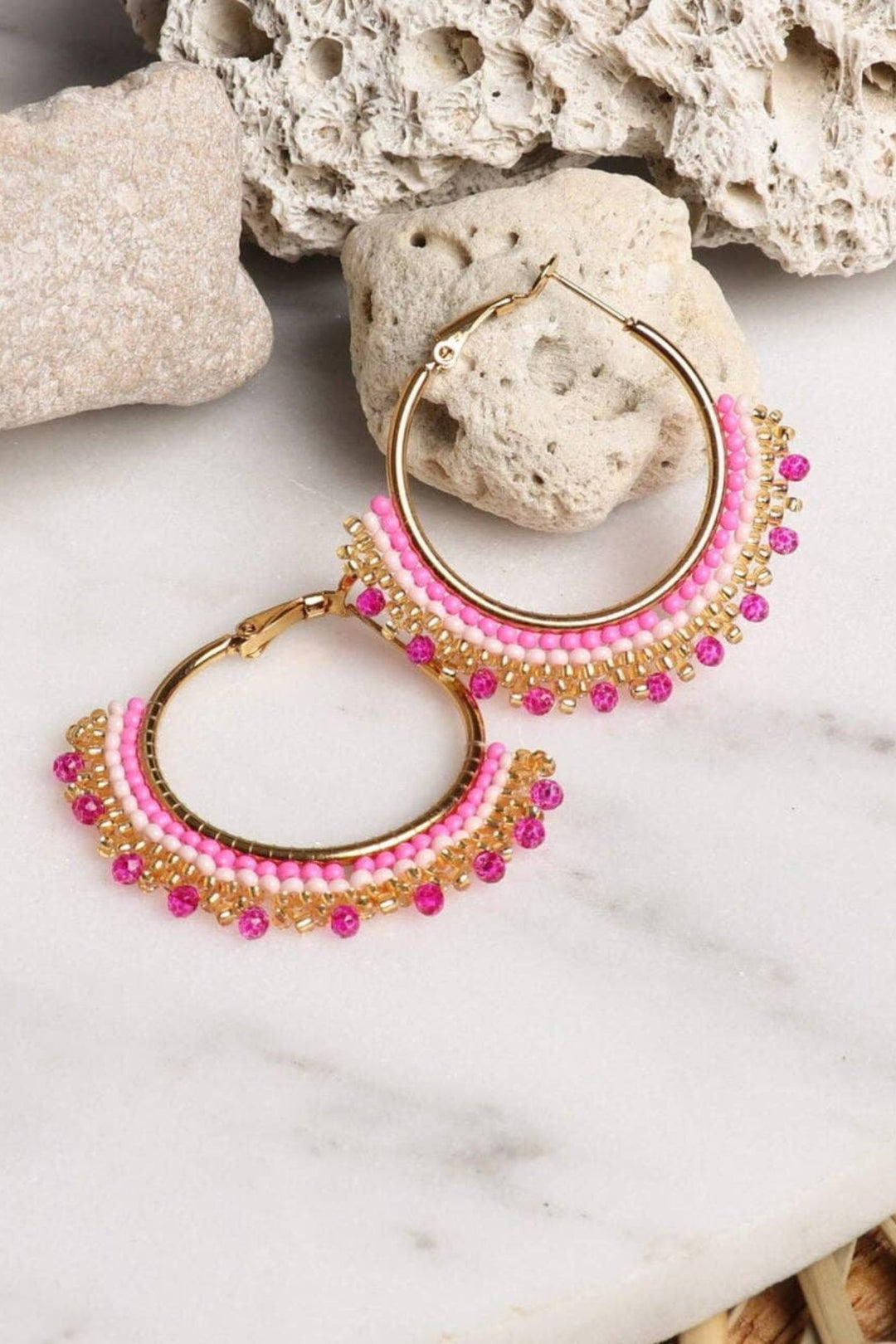 Gold Plated Pink Hand Beaded Hoop Earrings – Experience Boutique