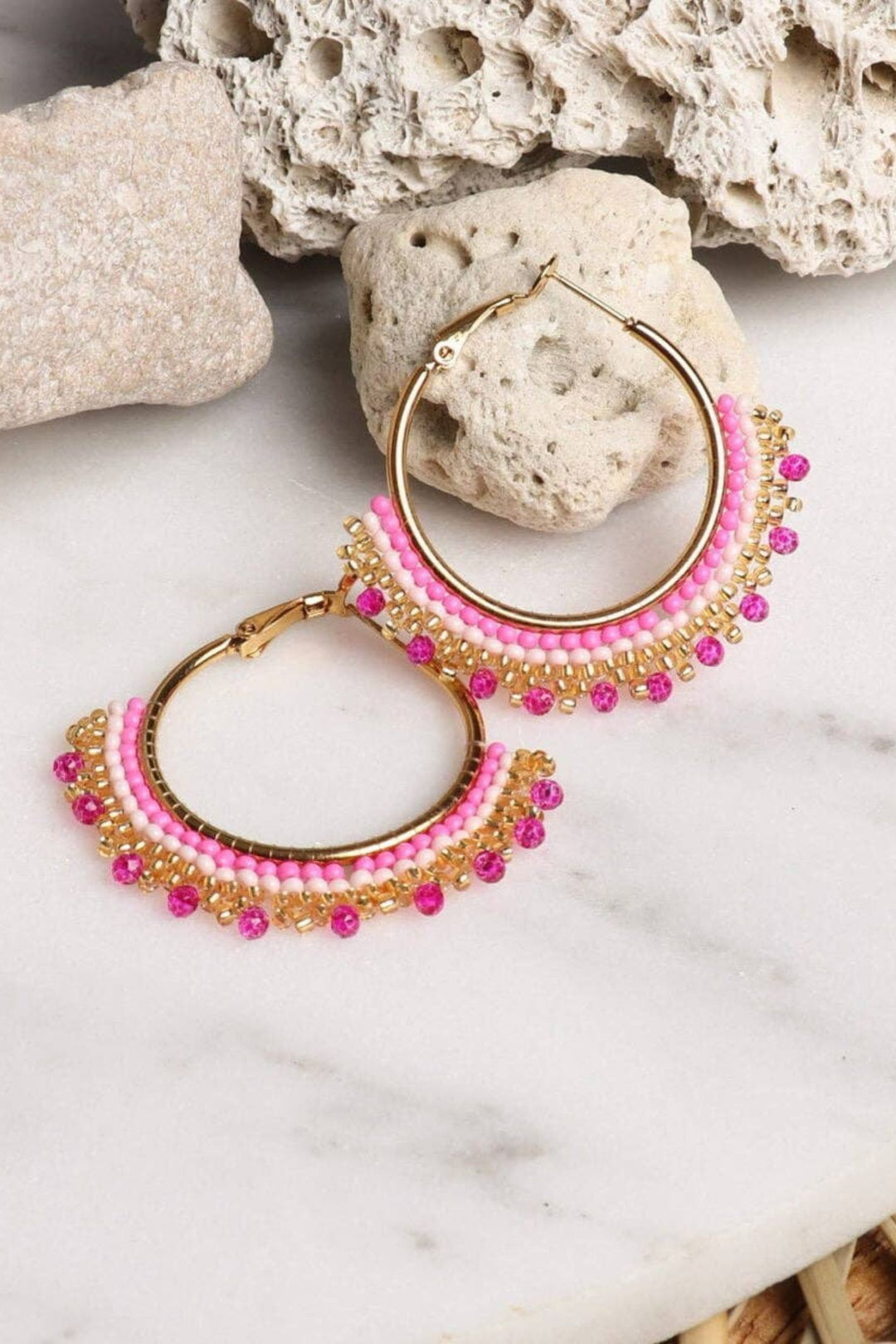 Gold Plated Pink Hand Beaded Hoop Earrings