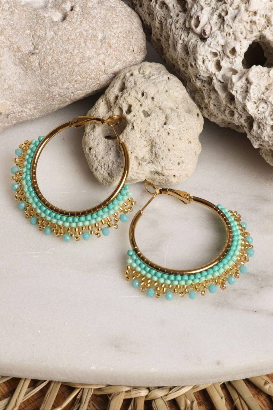 Gold Plated Turquoise Hand Beaded Hoop Earrings