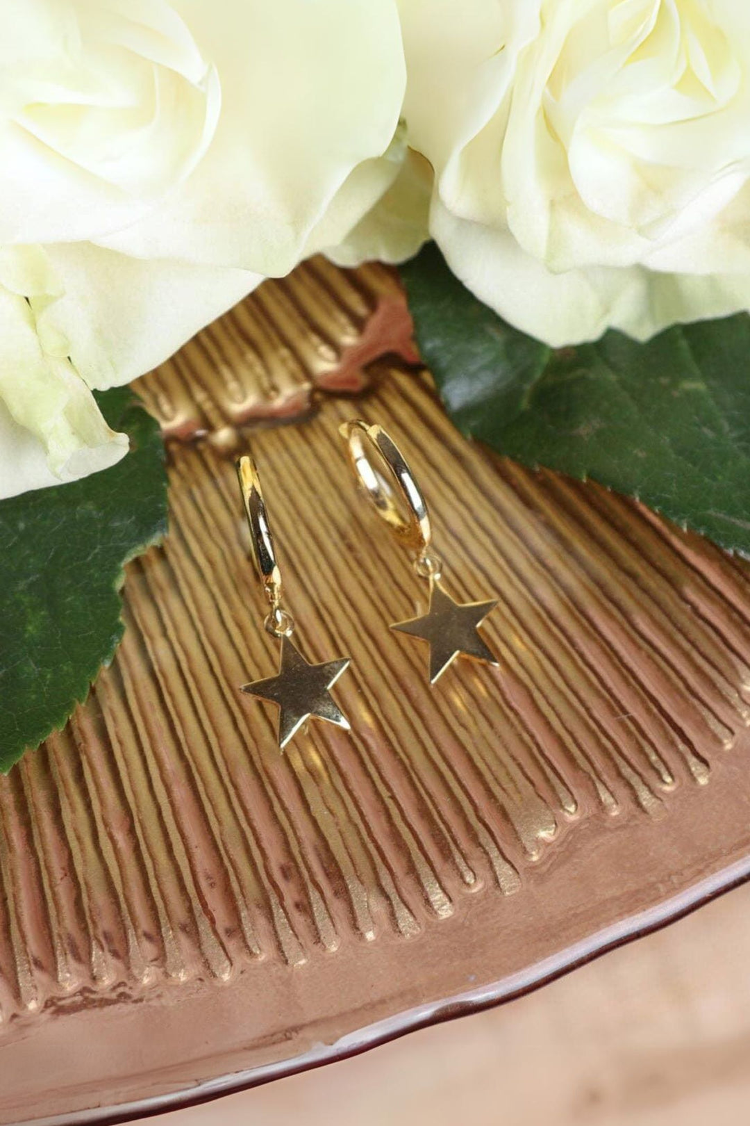 Gold Star Drop Huggie Hoop Earrings