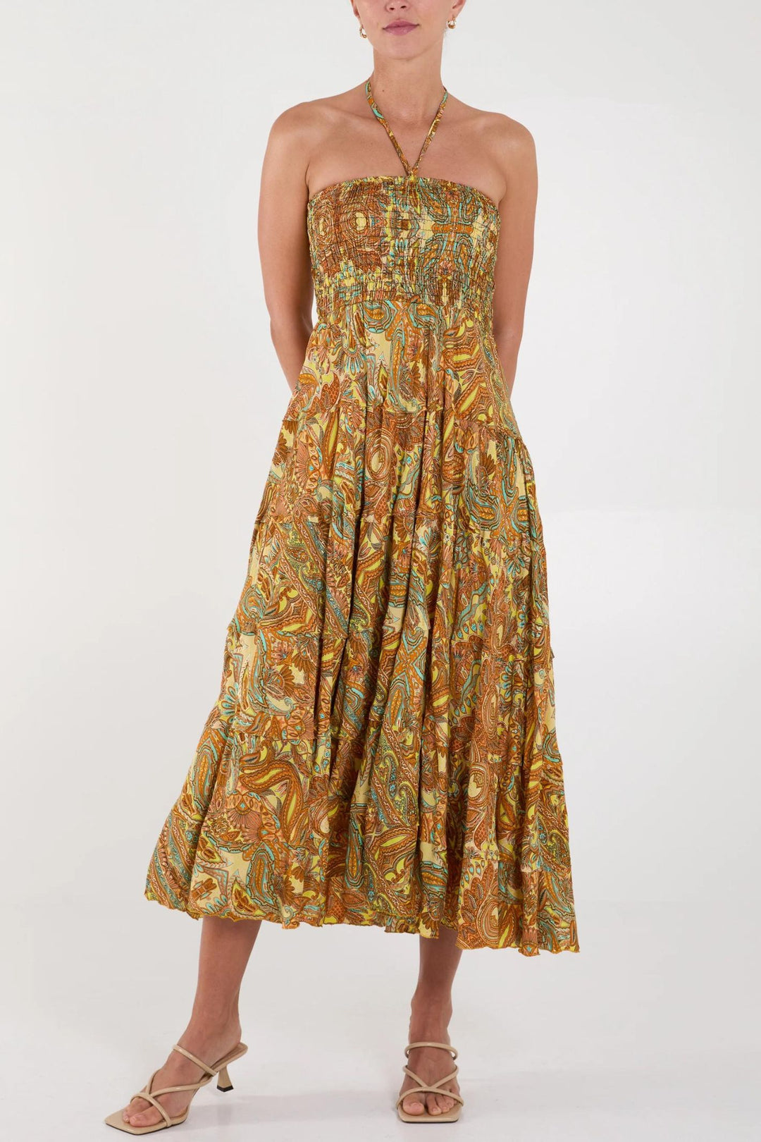Golden Yellow Paisley Print Silky Bandeau Midi Dress