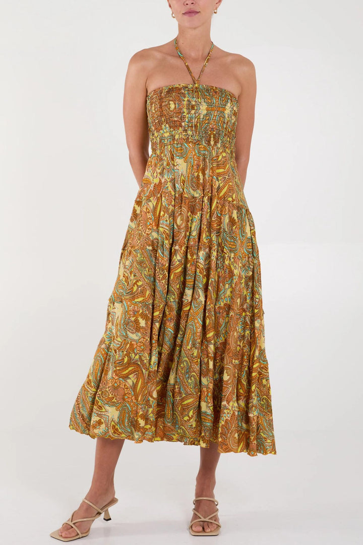 Golden Yellow Paisley Print Silky Bandeau Midi Dress