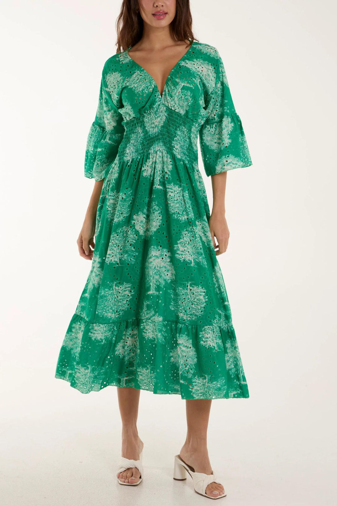 Green Broderie Anglaise V-Neck Maxi Dress