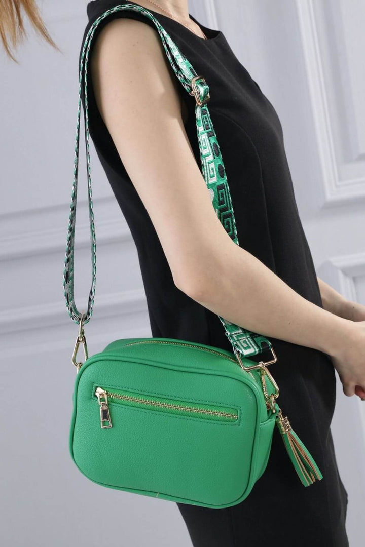 Green Faux Leather Camera Bag With Funky Strap