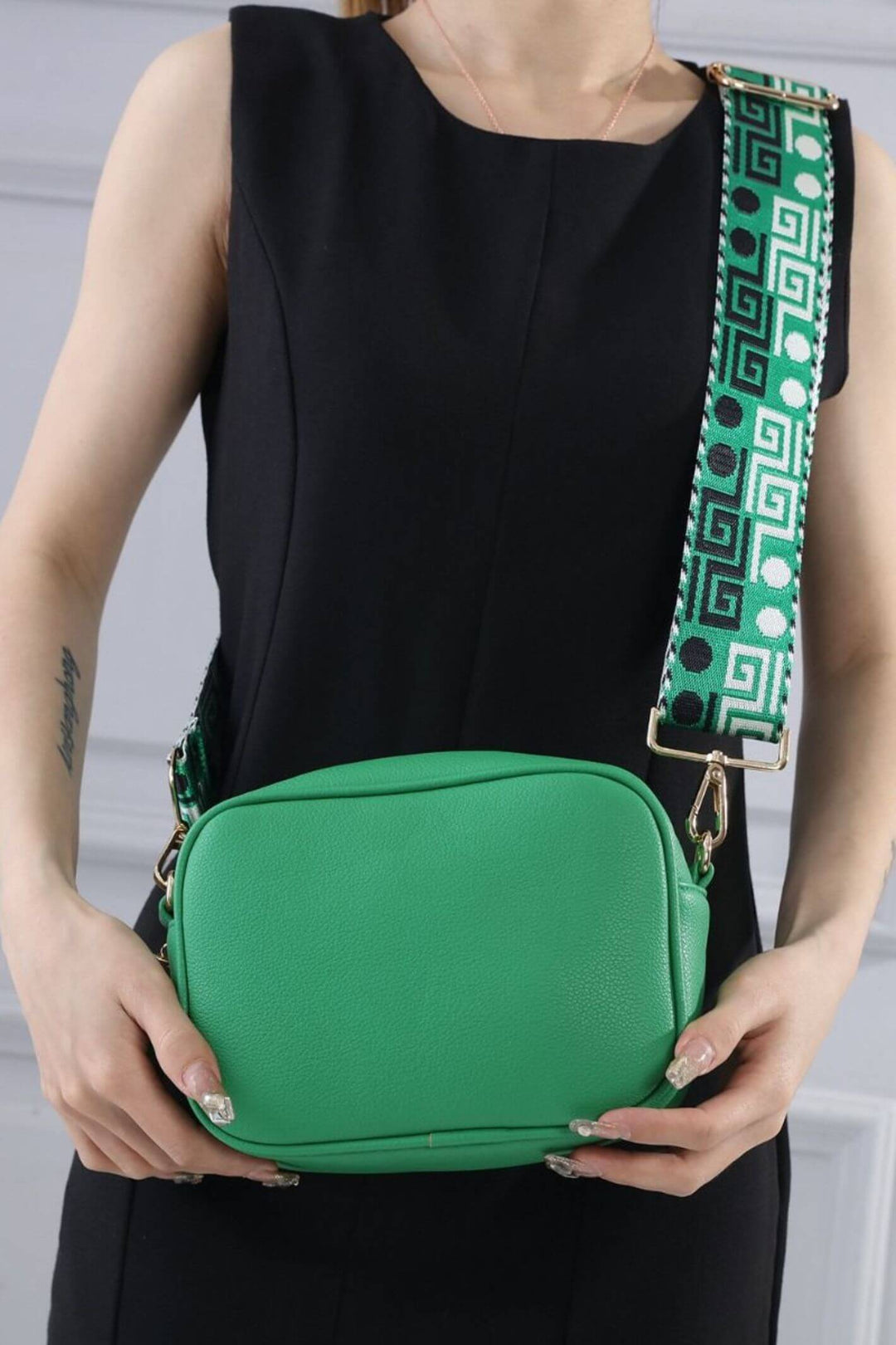 Green Faux Leather Camera Bag With Funky Strap