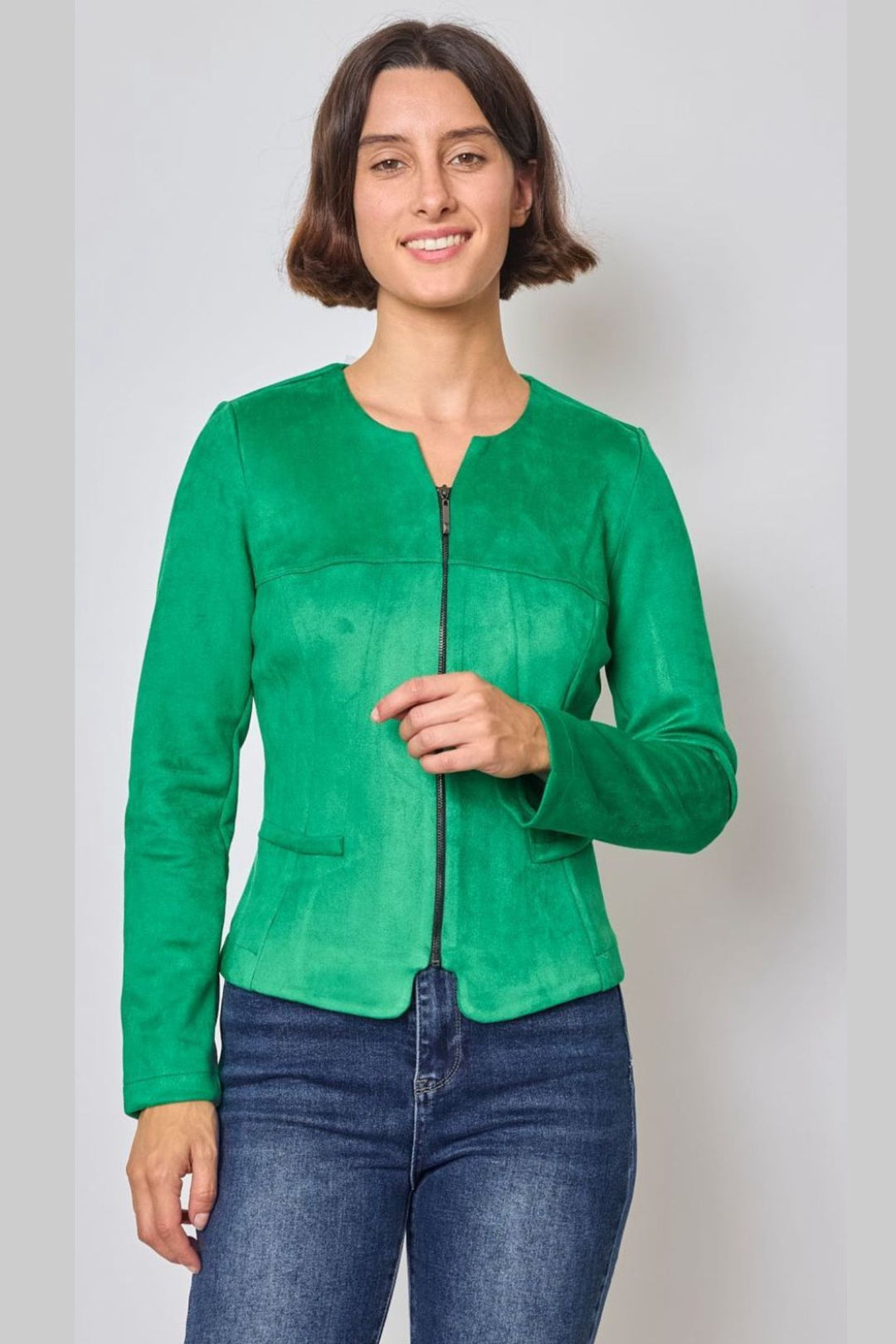 Green Faux Suede Collarless Jacket