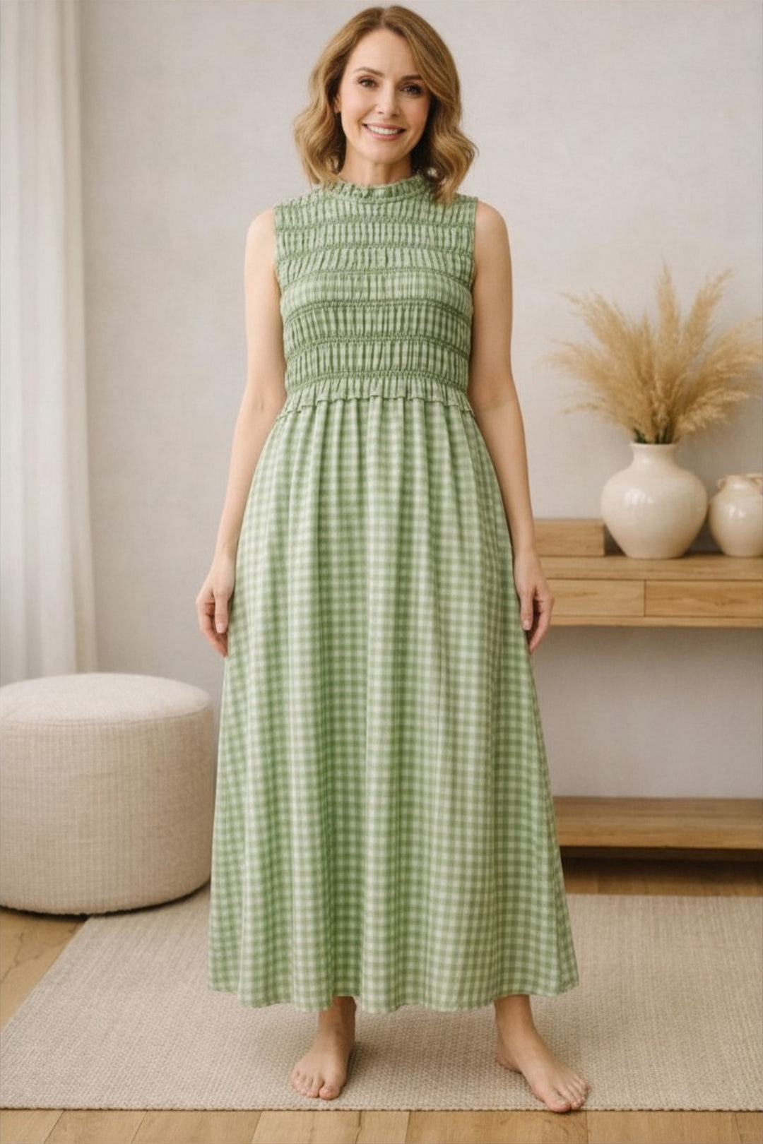 Green Gingham Shirred Maxi Dress