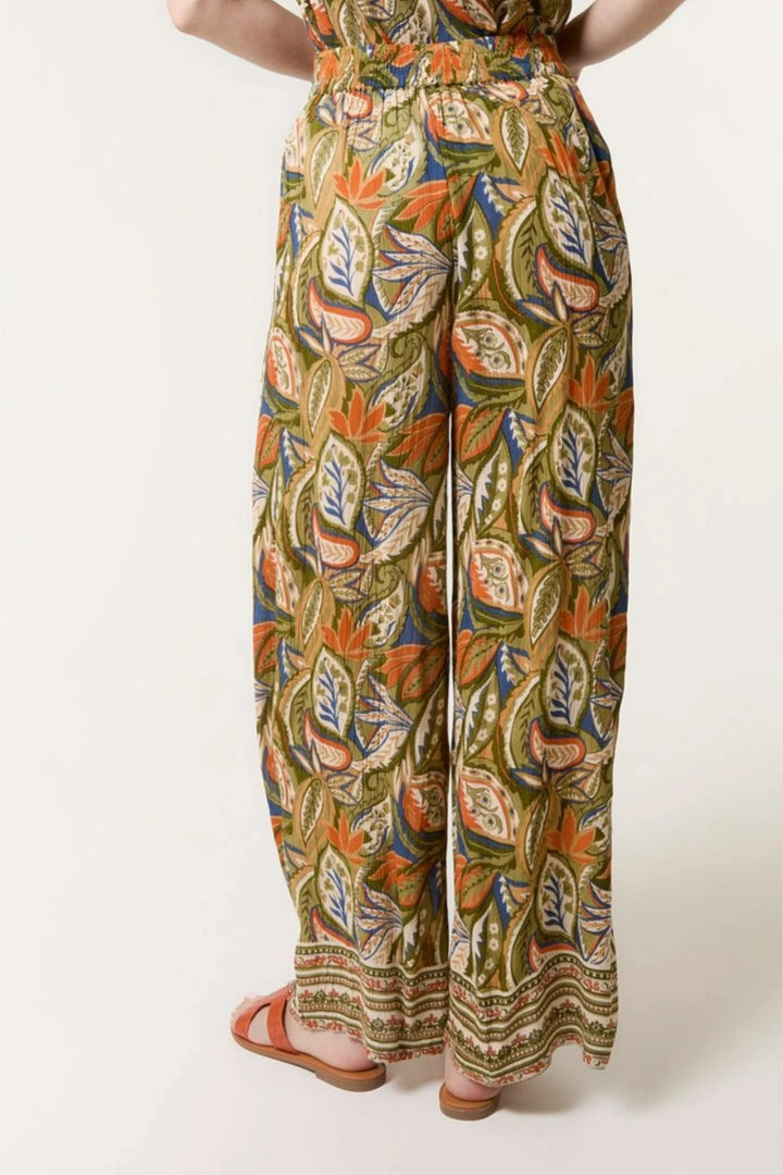 Green Leaf Print Wide Leg Trousers