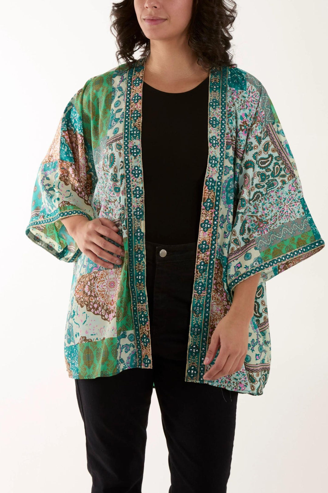 Green Mosaic Art Print Embroidered Kimono