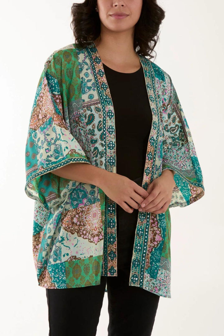 Green Mosaic Art Print Embroidered Kimono
