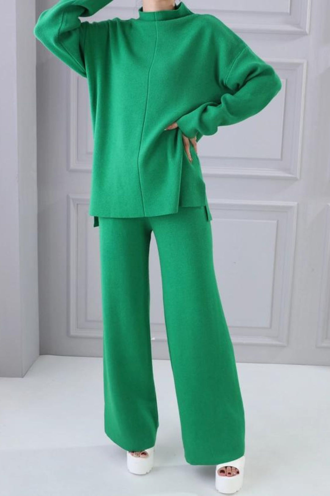 Green Super Soft Fine Rib Knit Wide Leg Trousers