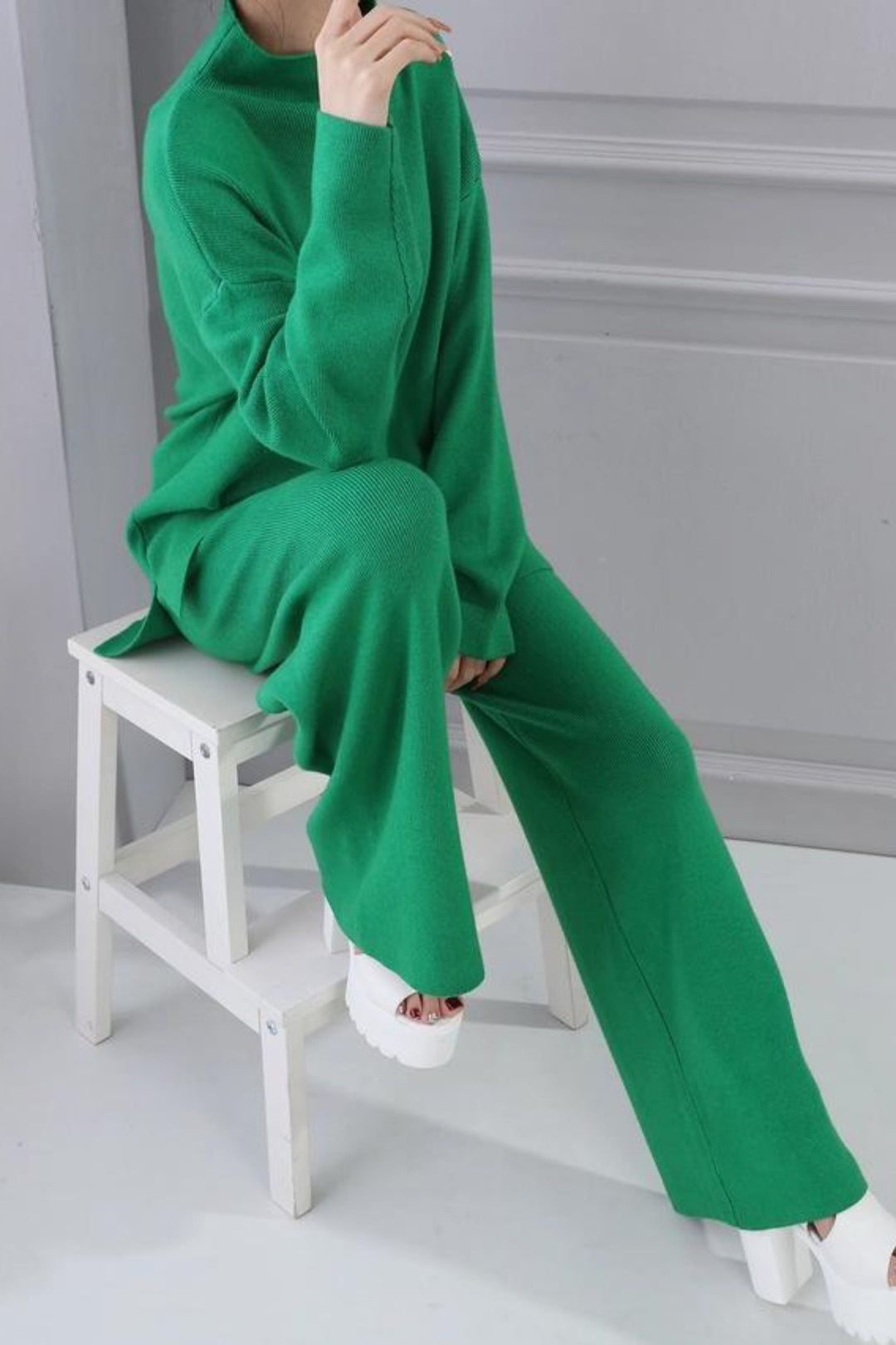 Green Super Soft Fine Rib Knit Wide Leg Trousers