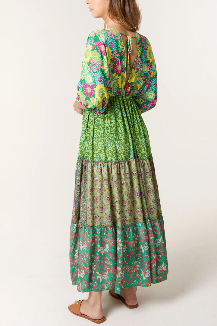 Green Tone Silky Tiered V-Neck Maxi Dress