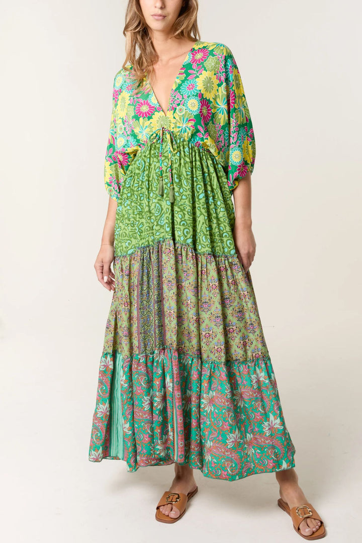 Green Tone Silky Tiered V-Neck Maxi Dress