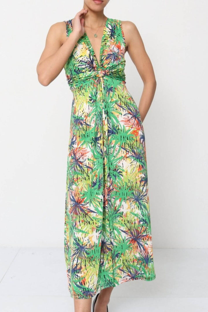 Green Tropical Print Sleeveless Maxi Dress