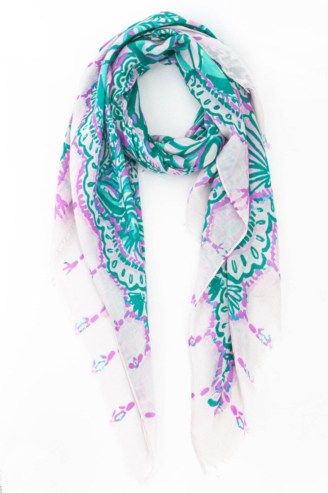 Green & Lilac Ornate Shell and Fish Print Scarf