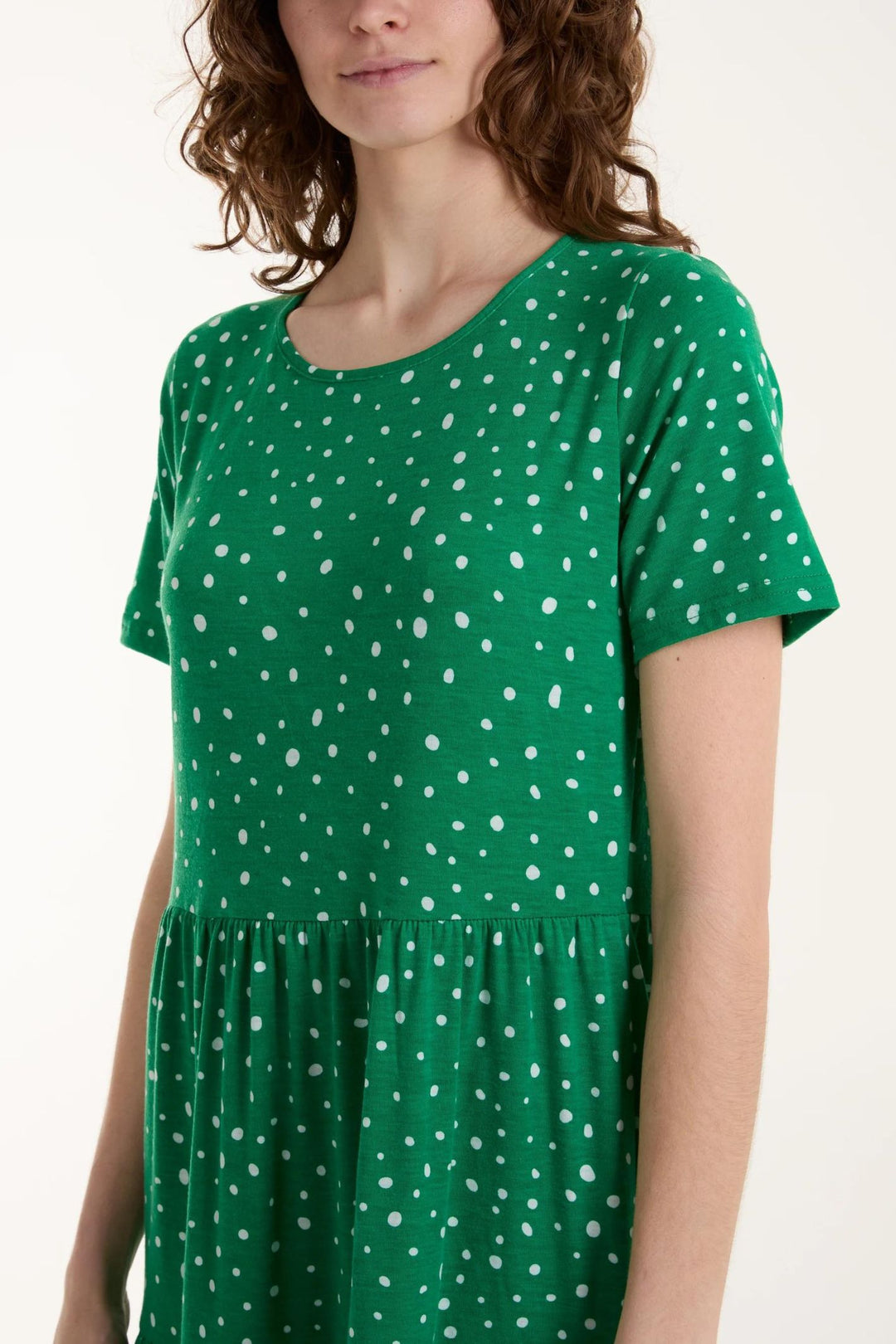 Green & White Polka Dot Tiered Midi Dress