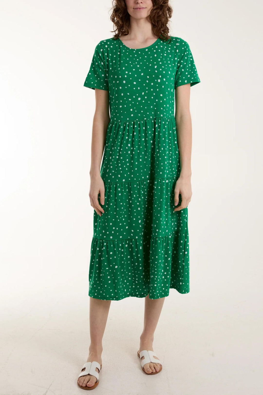 Green & White Polka Dot Tiered Midi Dress