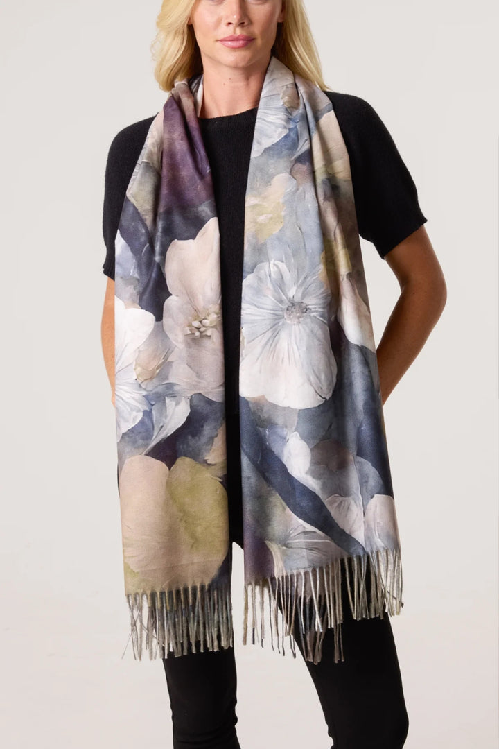 Grey & Khaki Tone Floral Soft Scarf