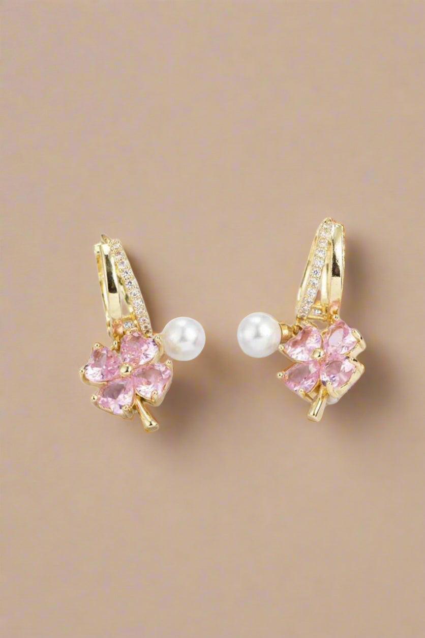 Hoop Earrings with Pink Gemstone Flowers and Pearls