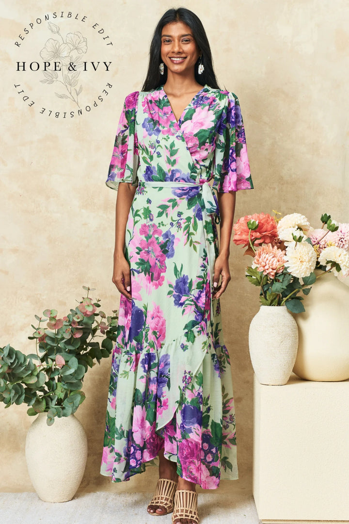 Hope & Ivy Pricella Dress Green Mauve Floral Print