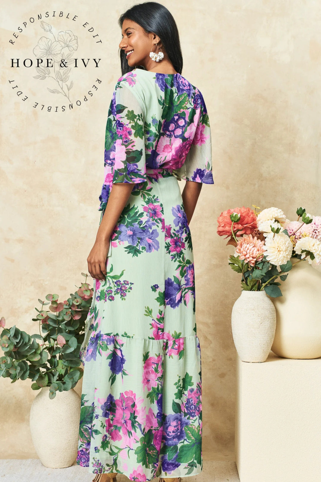 Hope & Ivy Pricella Dress Green Mauve Floral Print