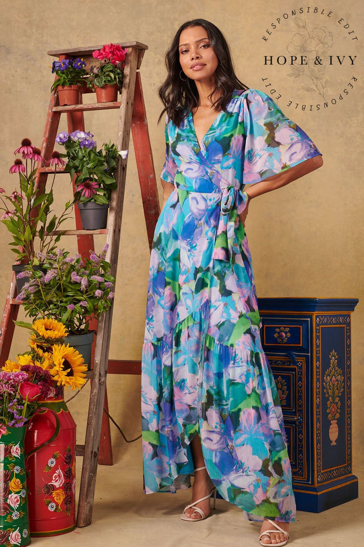 Hope & Ivy The Everleigh Blue floral Abstract Print Maxi Wrap Dress - Experience Boutique